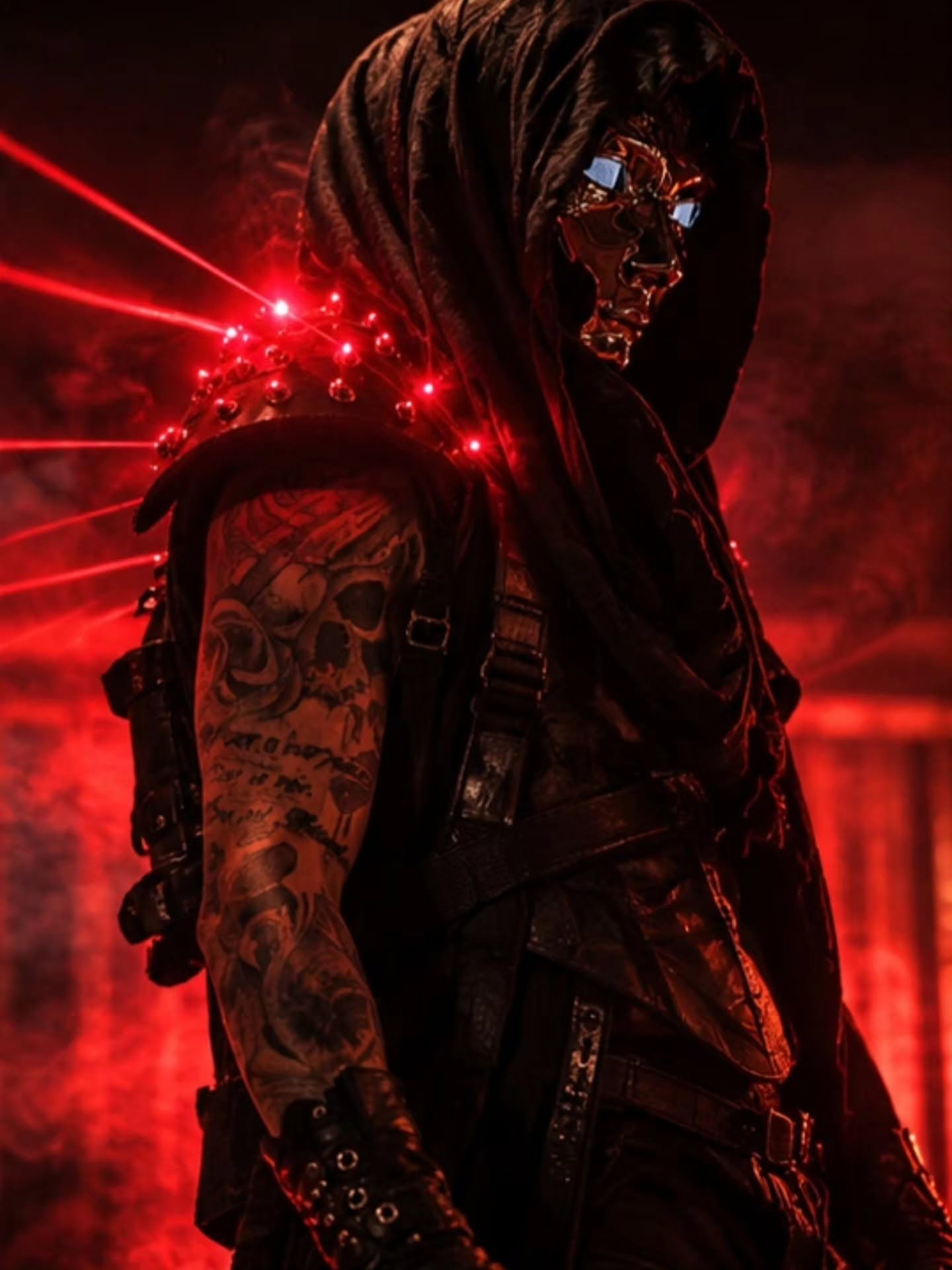 Mike Garcia en personnage Cyberpunk, masque chrome et lasers rouges